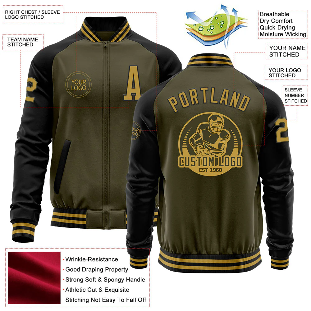 Custom Olive Old Gold-Black Bomber Varsity Letterman Two Tone Salute To Service Zipper Jacket - Image 4