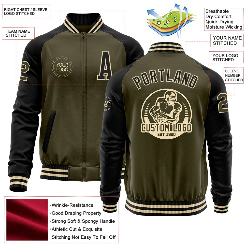 Custom Olive Black-Cream Bomber Varsity Letterman Two Tone Salute To Service Zipper Jacket - Image 4