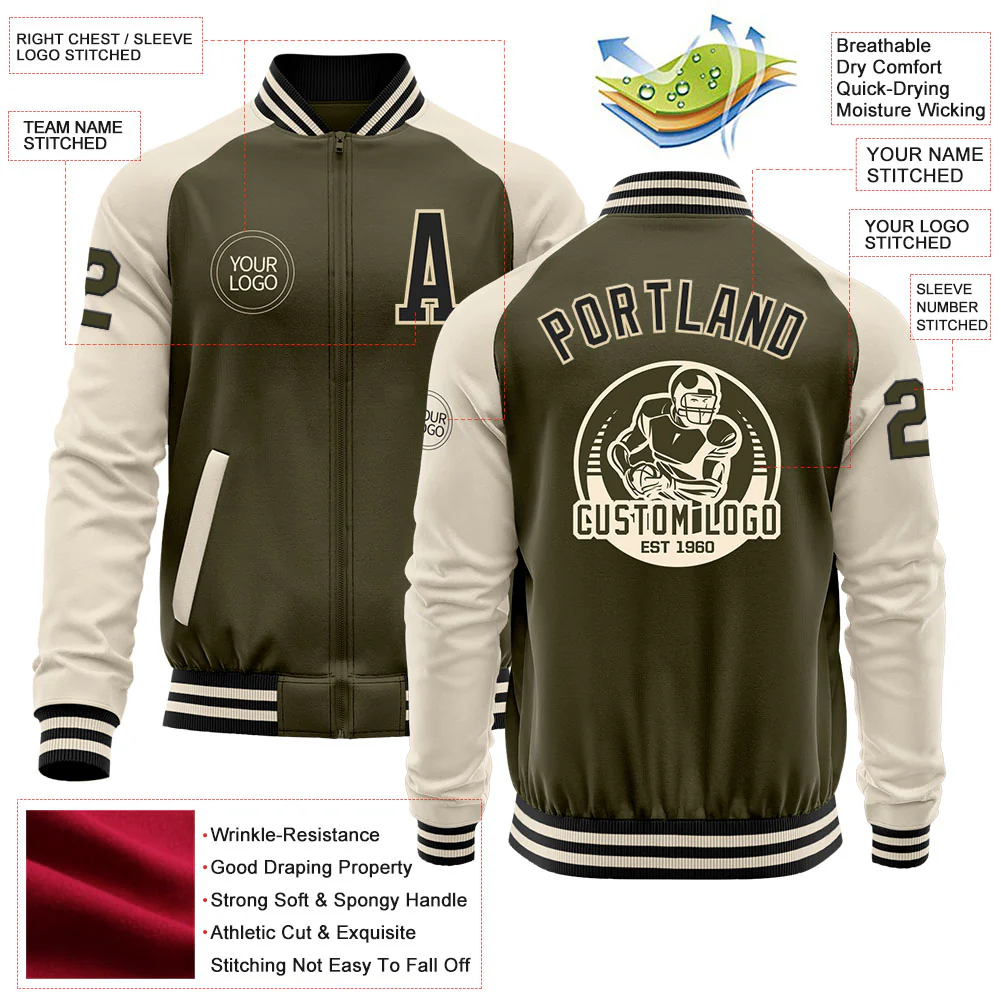 Custom Olive Black-Cream Bomber Varsity Letterman Two Tone Salute To Service Zipper Jacket - Image 4
