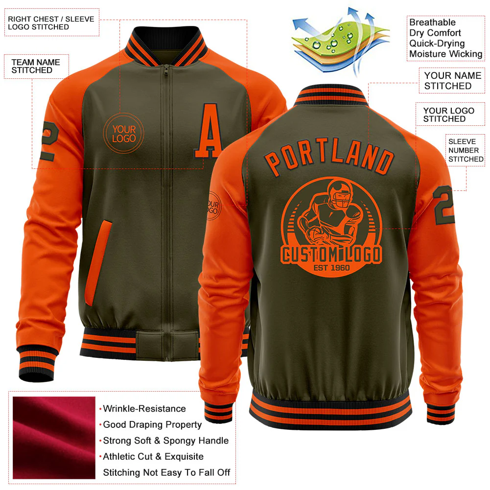 Custom Olive Black-Orange Bomber Varsity Letterman Two Tone Salute To Service Zipper Jacket - Image 4