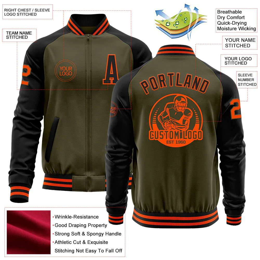 Custom Olive Orange-Black Bomber Varsity Letterman Two Tone Salute To Service Zipper Jacket - Image 4