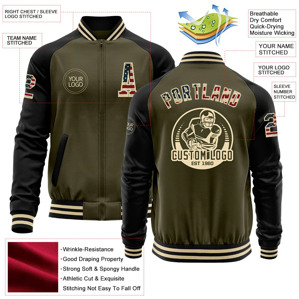 Custom Olive Vintage USA Flag Black-Cream Bomber Varsity Letterman Two Tone Salute To Service Zipper Jacket - Image 4