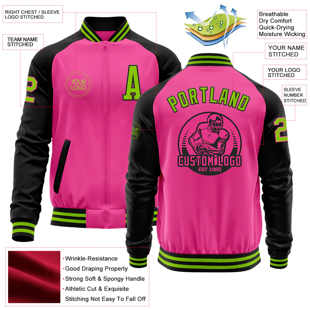 Custom Pink Neon Green-Black Bomber Varsity Letterman Two Tone Zipper Jacket - Image 4