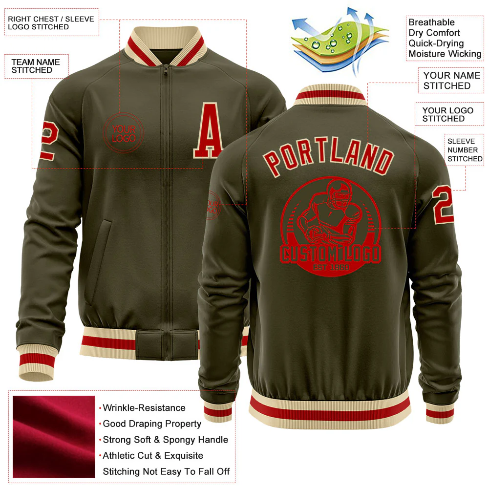 Custom Olive Red-Cream Bomber Varsity Letterman Salute To Service Zipper Jacket - Image 4