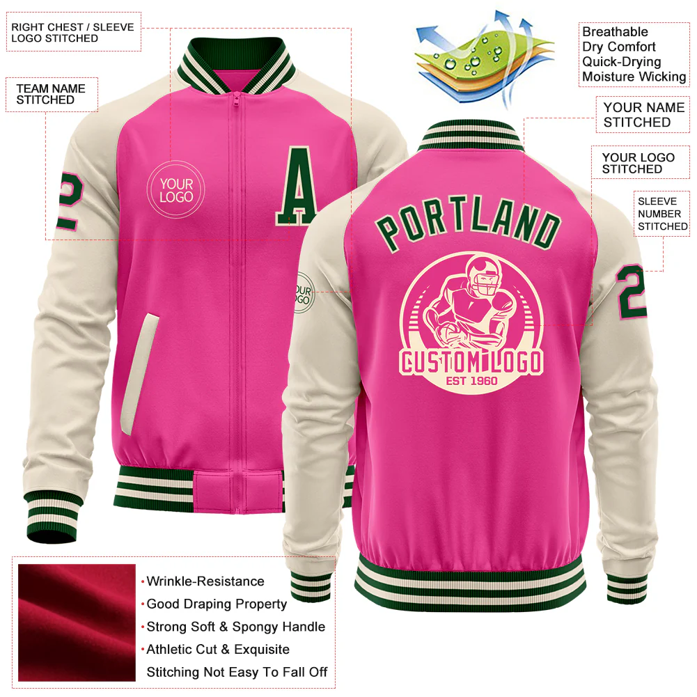 Custom Pink Green-Cream Bomber Varsity Letterman Two Tone Zipper Jacket - Image 4