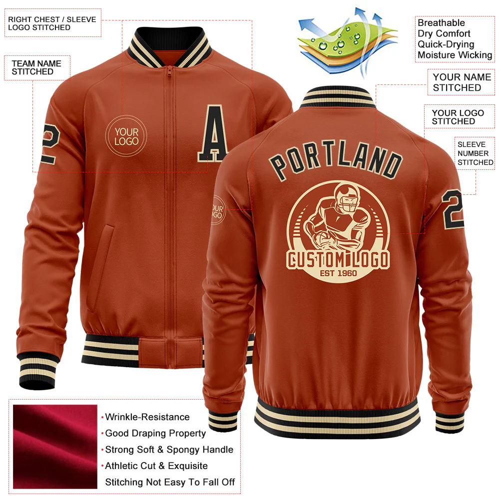 Custom Texas Orange Black-Cream Bomber Varsity Letterman Zipper Jacket - Image 4