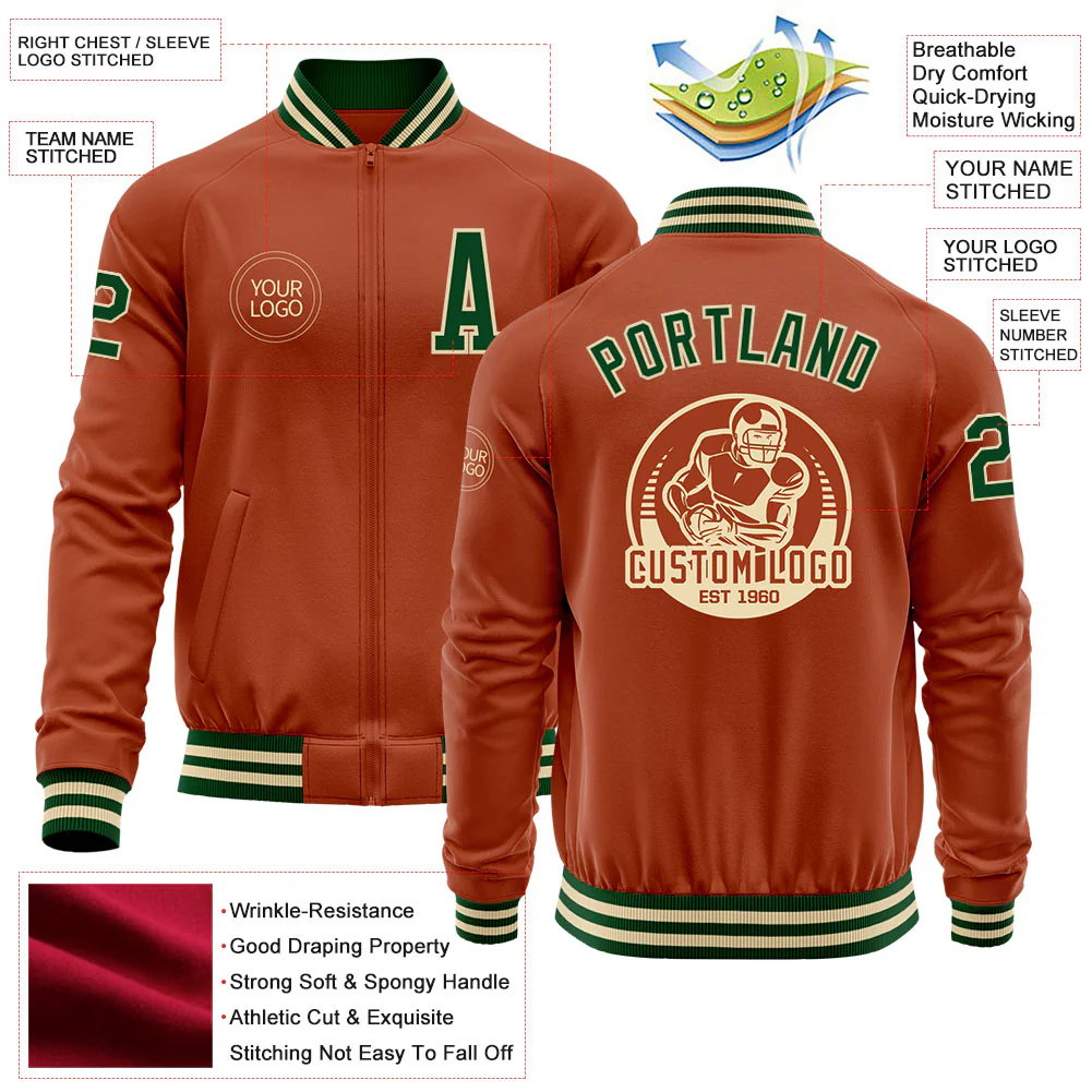 Custom Texas Orange Green-Cream Bomber Varsity Letterman Zipper Jacket - Image 4