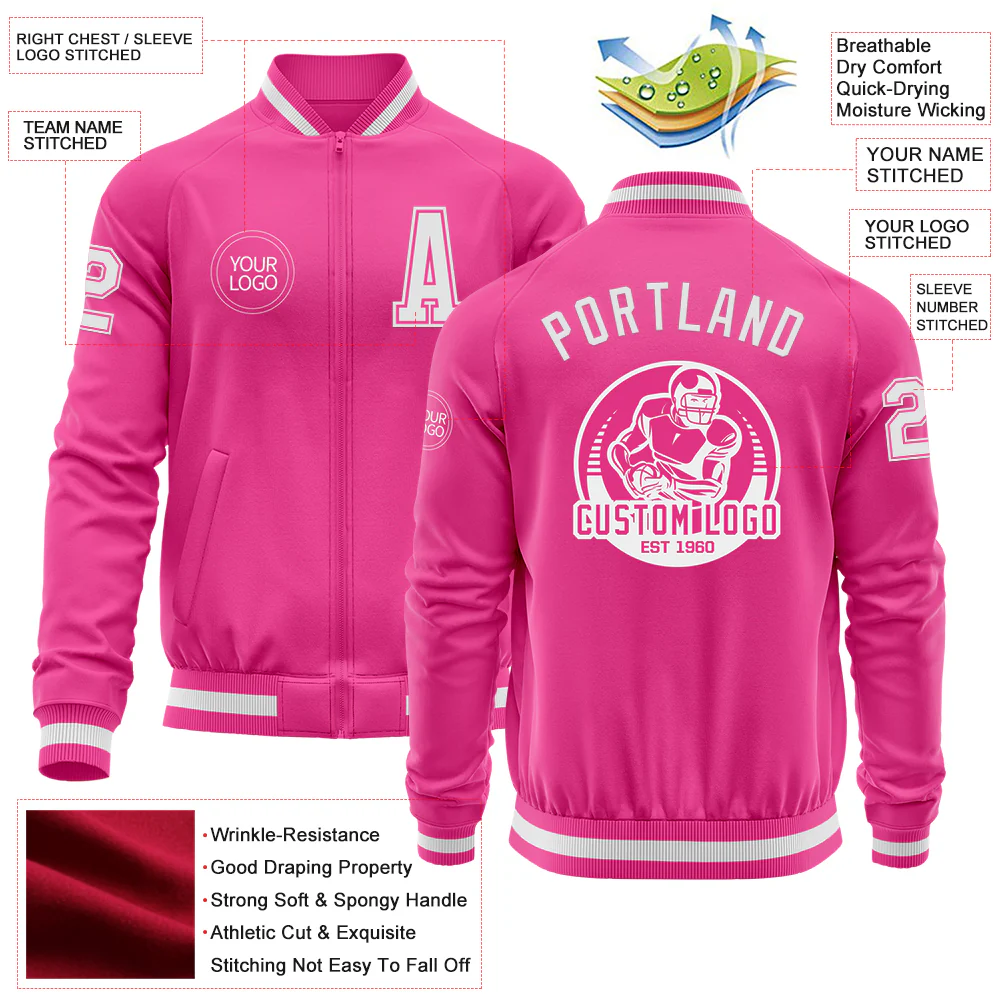 Custom Pink White Bomber Varsity Letterman Zipper Jacket - Image 4