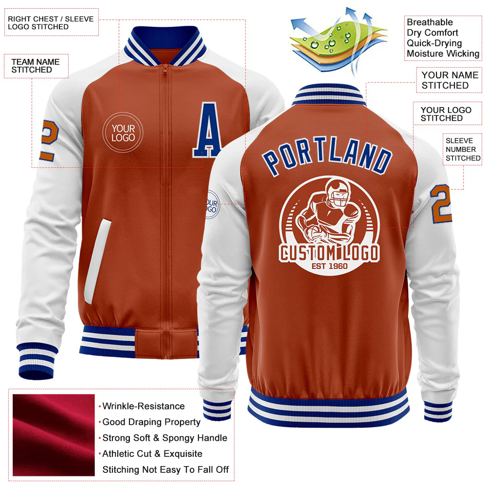 Custom Texas Orange Royal-White Bomber Varsity Letterman Two Tone Zipper Jacket - Image 4