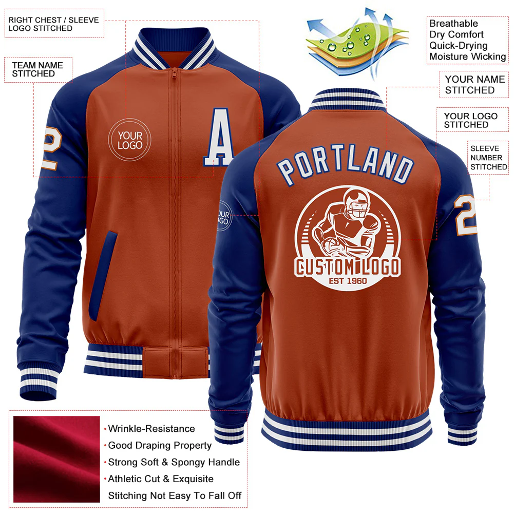 Custom Texas Orange White-Royal Bomber Varsity Letterman Two Tone Zipper Jacket - Image 4