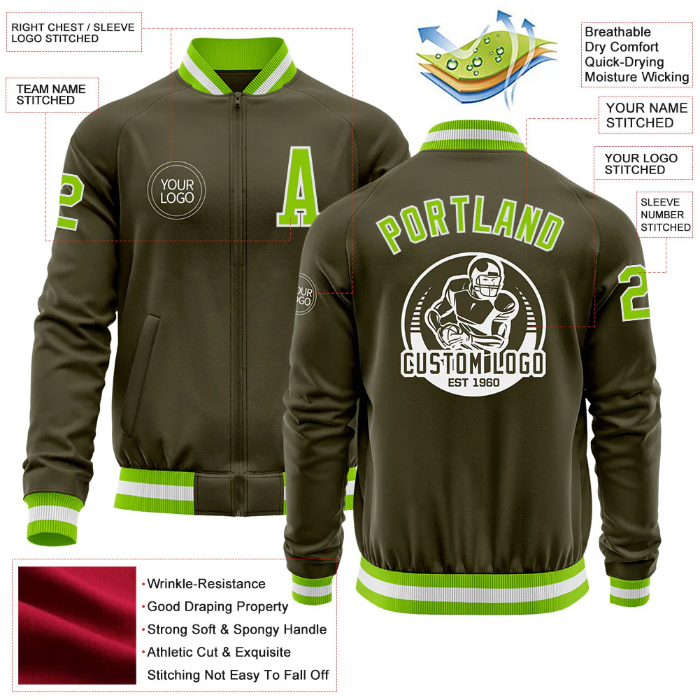 Custom Olive Neon Green-White Bomber Varsity Letterman Salute To Service Zipper Jacket - Image 4