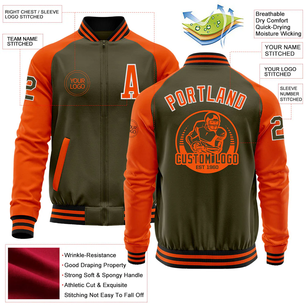 Custom Olive White-Orange Bomber Varsity Letterman Two Tone Salute To Service Zipper Jacket - Image 4