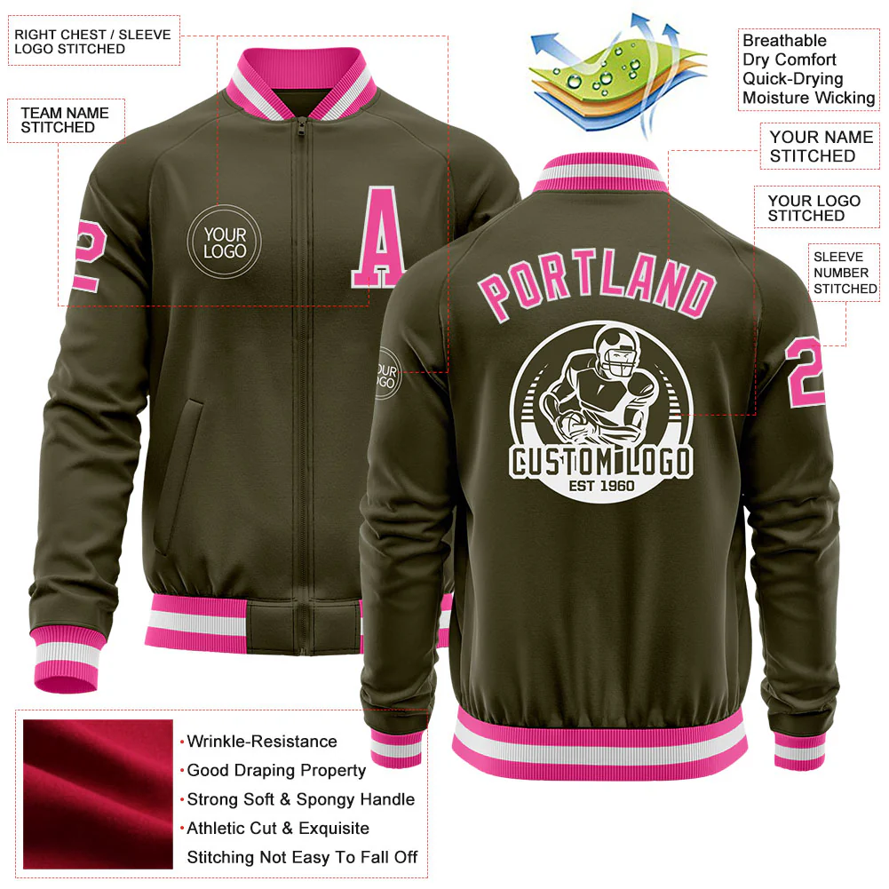 Custom Olive Pink-White Bomber Varsity Letterman Salute To Service Zipper Jacket - Image 4