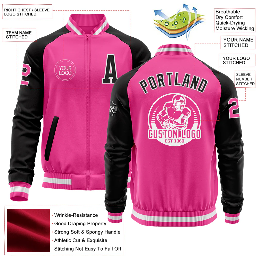 Custom Pink White-Black Bomber Varsity Letterman Two Tone Zipper Jacket - Image 4