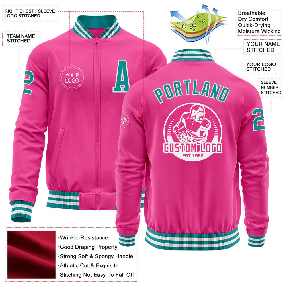Custom Pink Teal-White Bomber Varsity Letterman Zipper Jacket - Image 4